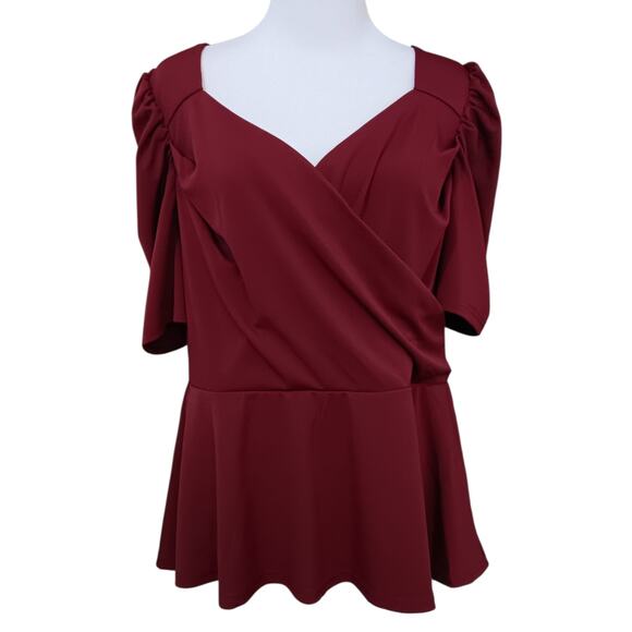 NEW GRACE KARIN Blouse Top 2X-SNUG FIT-See pic Faux Wrap Burgundy Peplum Career - Picture 7 of 8